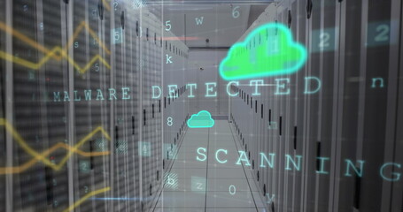 Image of cloud icon, data processing text and connections over computer servers