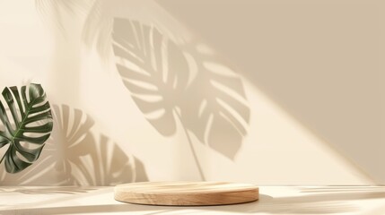 A wooden platform and monstera leaves on a light beige background. Modern realistic illustration of a wooden podium for organic cosmetic or beauty product presentations. Tropical plant leaf shadow on