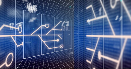Image of numbers, data processing and circuit board over computer servers