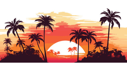 Fototapeta na wymiar Sunset behind palm trees flat vector 