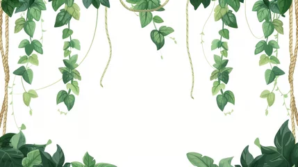 Foto op Canvas A cartoon illustration border with jungle liana vines and green leaves. Weed climbing plant stem with rope and green leaves. Tropical hanging vegetation. © Mark