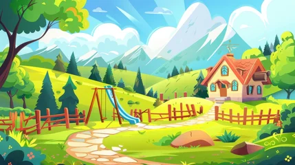 Selbstklebende Fototapeten Village street with small house. Modern illustration of small house with swing and slide in backyard, fir trees on green hills, wooden fence along road, blue sunny sky. © Mark