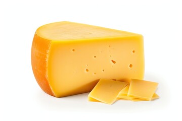 Close up of Dutch gouda cheese on white background - obrazy, fototapety, plakaty