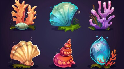 Illustration of underwater spiral clam conch with plant and algae for game UI level rank design. Bright tropical marine shell illustration.