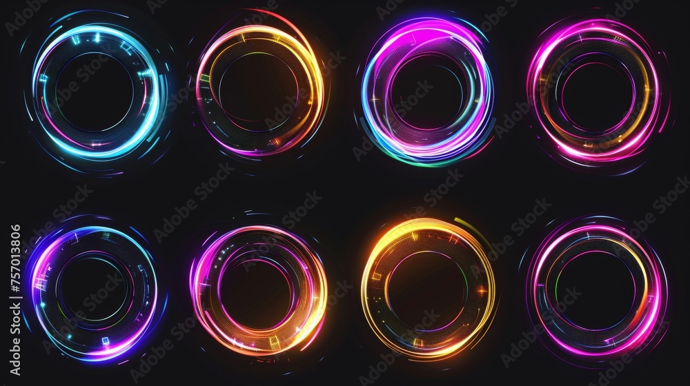 Poster the glitch circles set is isolated on black background with distorted neon light effects, retro futu