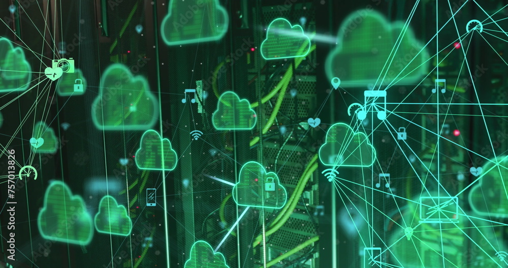 Poster image of cloud icons and data processing over computer servers
