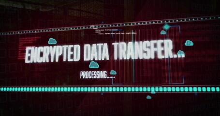 Image of cloud icons and data processing over digital text