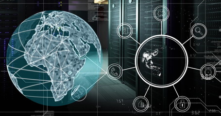 Image of globe with icons and data processing over computer servers