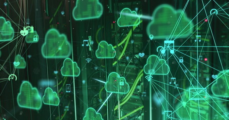 Image of cloud icons and data processing over computer servers