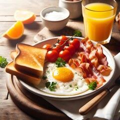 Fototapeta premium breakfast with fried egg, juice and bacon