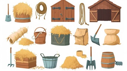 This cartoon modern illustration set of ranch interior objects includes: hay stack, wooden box, rope and sack, shovel and pitchfork, barn and bucket. It is a set of cartoon modern illustrations - obrazy, fototapety, plakaty