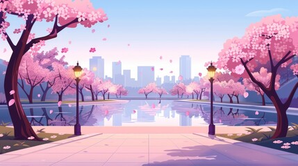 Spring cartoon illustration of Japanese cherry trees in a city park with pond and pink flowers. Stone pavement, lamps, and a Japanese cherry tree in a city park with pond and pink blossoms.