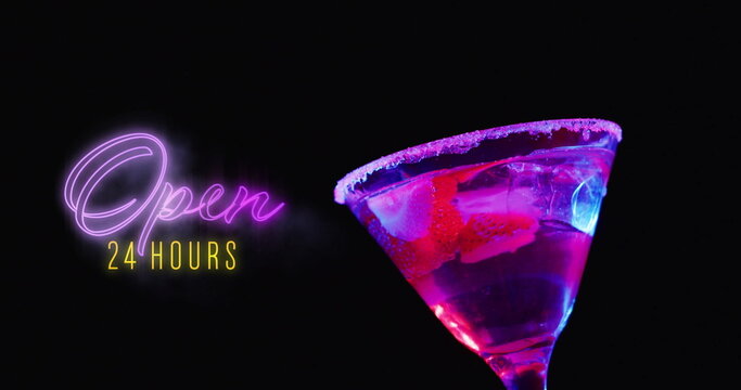 Image of open 24 hours neon text and cocktail on black background
