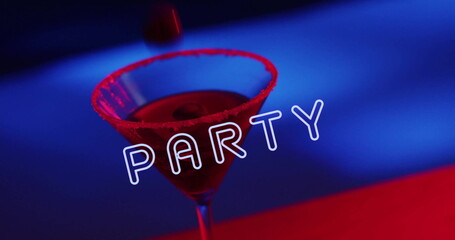 Image of party text and cocktail on blue to red background
