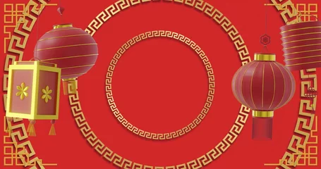 Foto op Plexiglas Image of lanterns and chinese pattern with copy space on red background © vectorfusionart