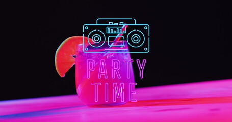 Image of party time neon text and cocktail on pink and black background