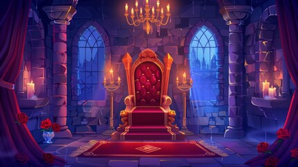 A castle hall at night with a throne for the king. Royal gold and red seat on a pedestal, carpet, curtain, columns, chandelier, candles, roses, and many decorations.