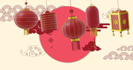 Image of lanterns and chinese pattern with copy space on yellow background