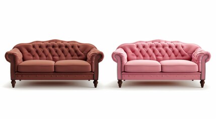 A set of 3D couches isolated on white background. Modern realistic illustration of a brown and pink sofa mockup, for use in homes, hotel lobbies, and other interior design environments.