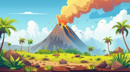Foto auf Alu-Dibond Jurassic period landscape with volcanic eruption. Cartoon modern illustration scenery with volcano mountain, smoke cloud, rocks, palm trees and grass. © Mark