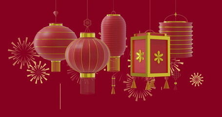 Image of lanterns and chinese pattern with copy space on red background