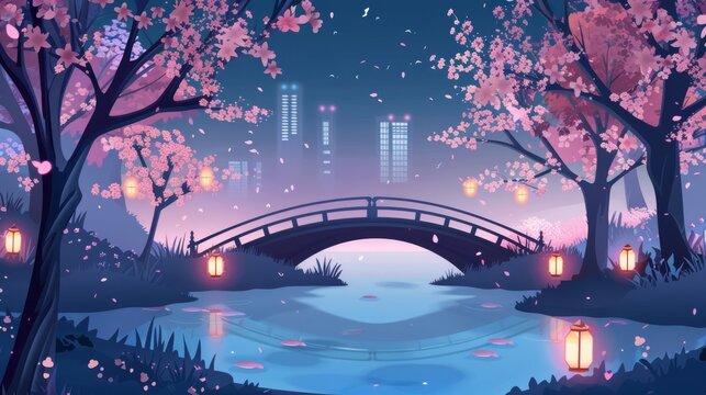 Animated spring modern of Japanese cherry trees in a city park. A bridge over a pond or river and pink flowering sakura trees at night.