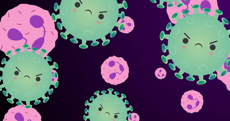 Image of green viruses over pink cells on violet background
