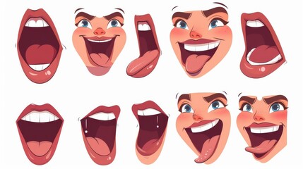 The mouth animation kit of a woman character shows various positions of the lips and tongue during conversation and pronunciation of the English alphabet. - obrazy, fototapety, plakaty