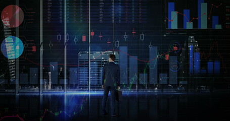 Image of financial data processing over businessman and cityscape