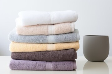 A pile of clean and plush towels resting on a plain white surface