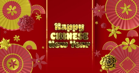 Image of happy chinese new year ext over lanterns and chinese pattern on red background
