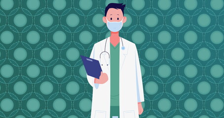 Image of caucasian male doctor in face mask over green cells on green background