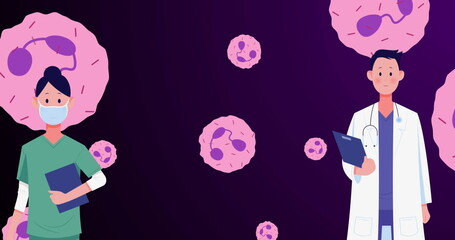 Image of caucasian doctors over pink cells on violet background