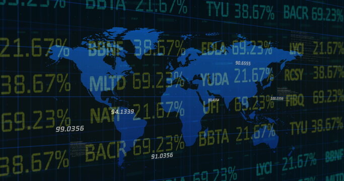 Image of statistics and numbers, financial data processing over world map