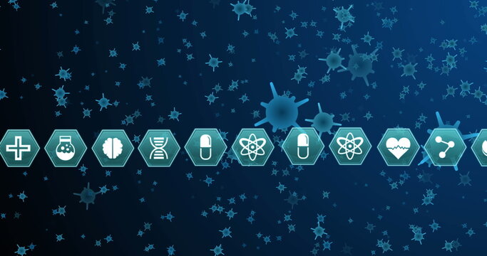 Image of hexagons with scientific icons over blue cells on navy background - Powered by Adobe