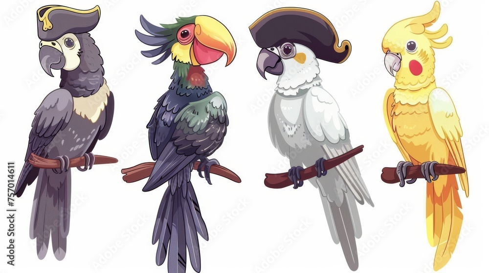 Wall mural Birds set isolated on white background. Modern cartoon illustration of exotic cockatoo parrot, comic feathered mascot in pirate hat, gray dove and yellow canary sitting, tropical design elements.