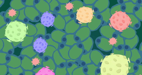 Image of colorful viruses over green cells on black background