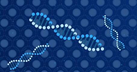 Image of dna over blue cells on blue background