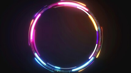Neon glowing circle frame with glitch effect on black background. Realistic modern illustration set of ring border with digital light bug.