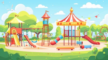 Kids outdoor playset with carousel, climb ladder, sandpit, toys, and seesaw. Cartoon modern illustration set of kids outdoor play equipment for parks or kindergartens.