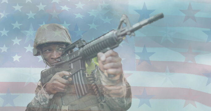 Naklejki Image of soldier with gun over american flag