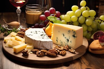 Organic cheeses fruits nuts and wine on wooden background Delicious cheese appetizer