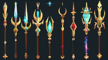 Fototapeta na wymiar An illustration of golden spear forks decorated with gemstones isolated on black background. This is an UI design element that has been used for a rank asset, a power symbol in a video game, a