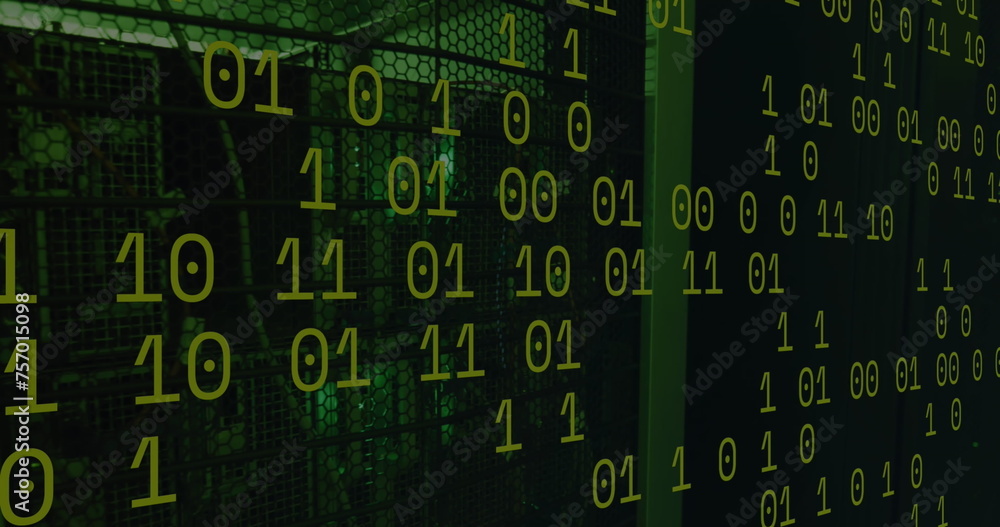 Poster image of padlock icon and data processing over server room