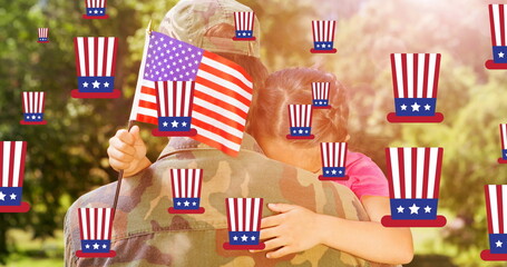 Image of soldier with daughter and american flag over hats
