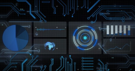 Image of data processing with scope scanning on black background