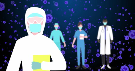Image of doctor in safety uniform over blue cells on navy background