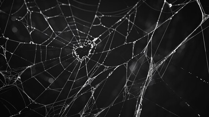 Halloween spider web background modern with black backdrop. Scary ghostly cobweb net texture on black background with thin sticky thread line. Arachnid trap. - obrazy, fototapety, plakaty