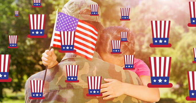 Naklejki Image of soldier with daughter and american flag over hats