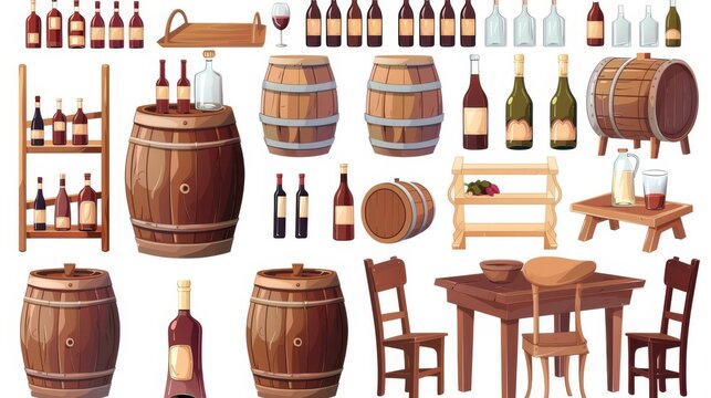 Equipment set for the wine cellar. Cartoon modern illustration of lying glass bottles, wooden barrels, table and chairs, bottles, jugs, and glasses with alcohol.